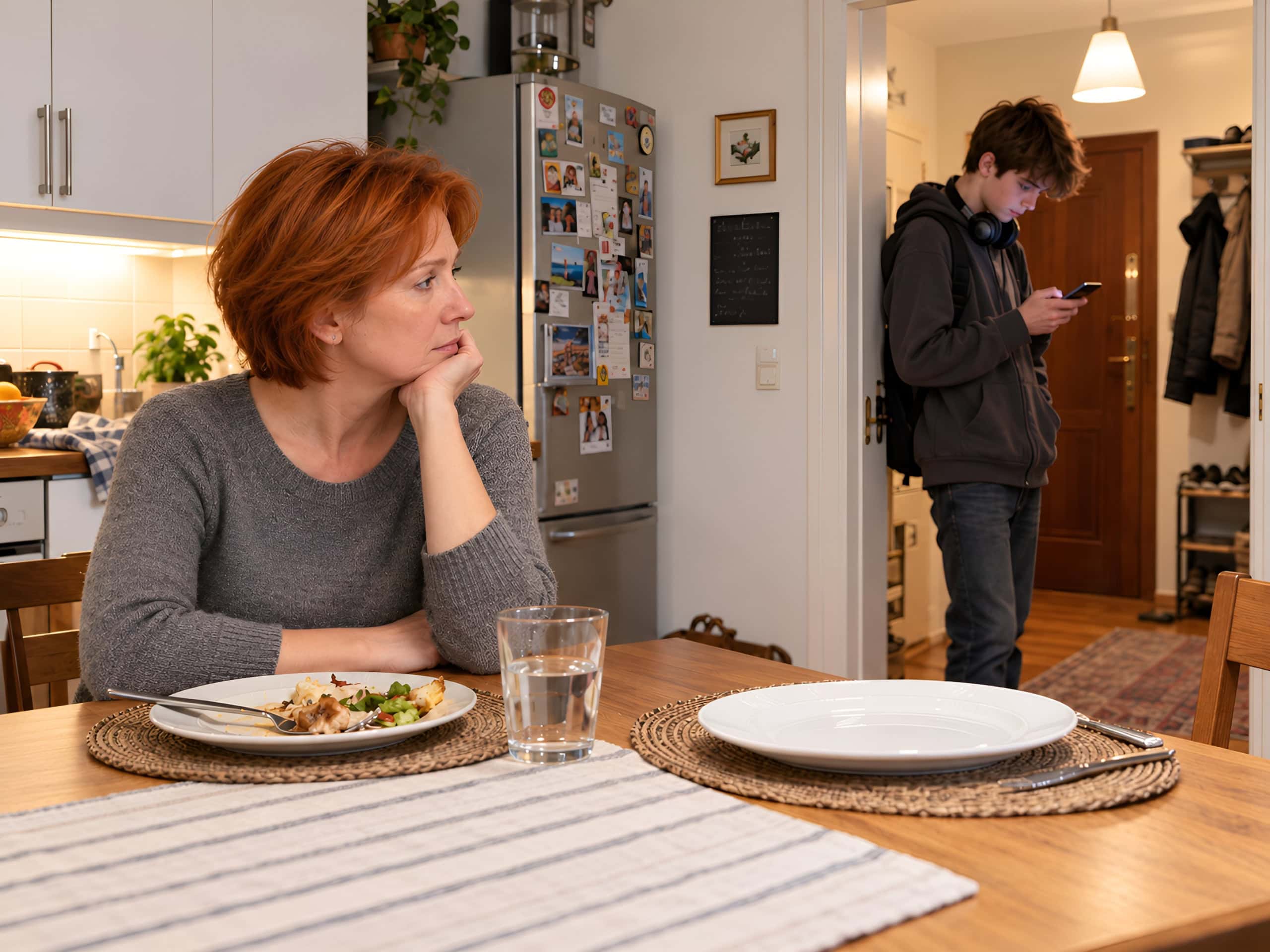 Psycholog dla rodziców nastolatka – wieczór w kuchni Mama przy stole z nietkniętym talerzem syna, nastolatek w przedpokoju wpatrzony w telefon – psycholog dla rodziców nastolatka, Sensity