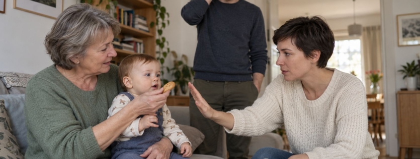 Babcia daje rocznemu wnukowi ciastko, a mama wyciąga rękę, żeby ją powstrzymać