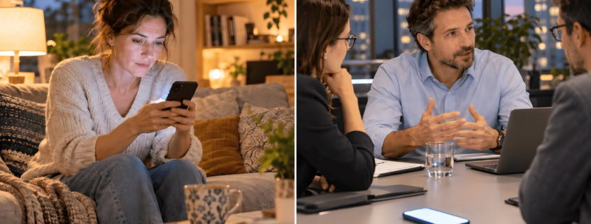 Kobieta wieczorem czeka na odpowiedź na wiadomość, a partner w pracy nie zauważa świecącego telefonu