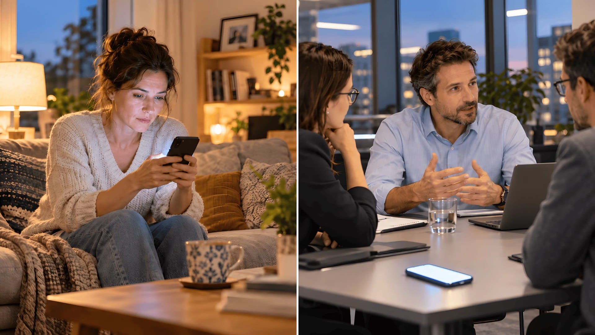 Kobieta wieczorem czeka na odpowiedź na wiadomość, a partner w pracy nie zauważa świecącego telefonu