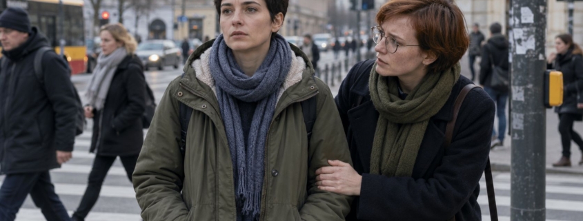 Młoda kobieta stoi nieruchomo na przejściu dla pieszych, a przyjaciółka z troską dotyka jej łokcia