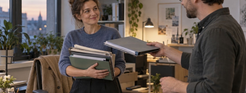 Kobieta z naręczem teczek uśmiecha się i przyjmuje od kolegi kolejną teczkę