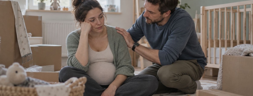 Kobieta w ciąży siedzi wśród nierozpakowanych kartonów w pokoju dziecięcym, a partner klęka obok
