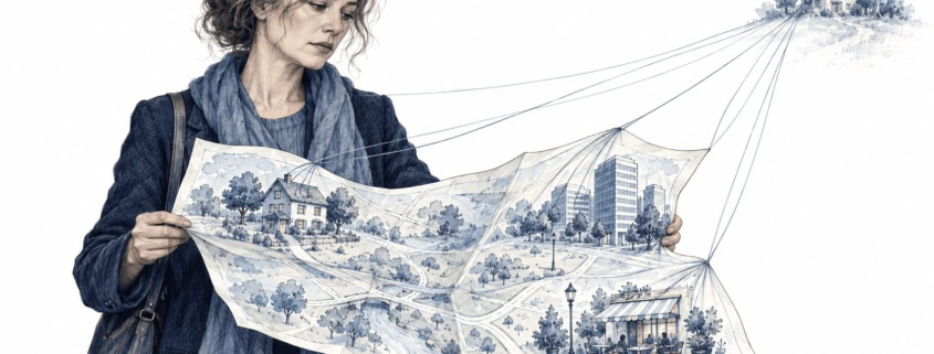 Ilustracja: kobieta trzyma mapę swojej codzienności, której nitki prowadzą do domu z dzieciństwa
