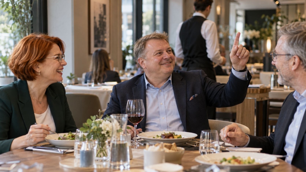 Elegancki mężczyzna na lunchu biznesowym dyskretnie przywołuje kelnera, obok talerza stoi kieliszek