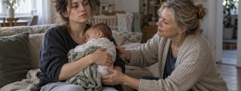 Młoda matka z niemowlęciem na rękach patrzy w przestrzeń, a jej mama ostrożnie wyciąga ręce po dziecko