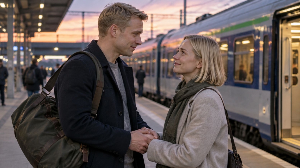 Para żegna się na peronie, mężczyzna z torbą podróżną trzyma partnerkę za ręce