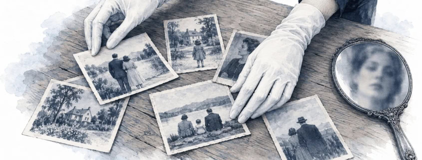 Ilustracja: dłonie w białych rękawiczkach przekładają rodzinne fotografie na stole, obok lusterko z rozmytym odbiciem twarzy kobiety