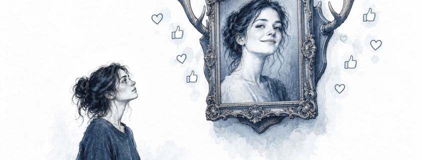 Ilustracja: kobieta patrzy na swój uśmiechnięty portret zawieszony na ścianie jak trofeum myśliwskie, wokół symbole polubień