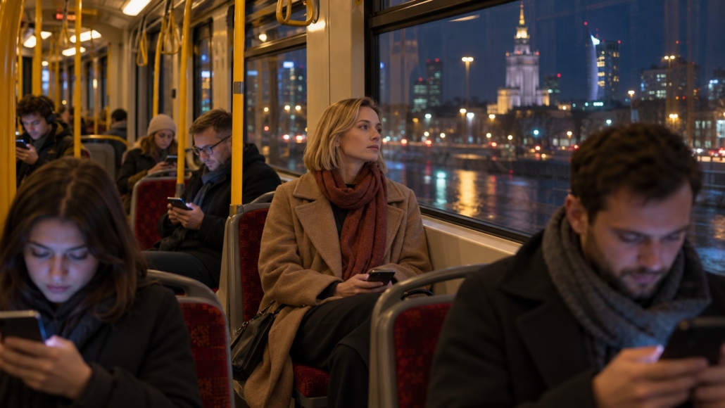 Młoda kobieta w wieczornym tramwaju patrzy przez okno na światła miasta, a pozostali pasażerowie wpatrują się w telefony