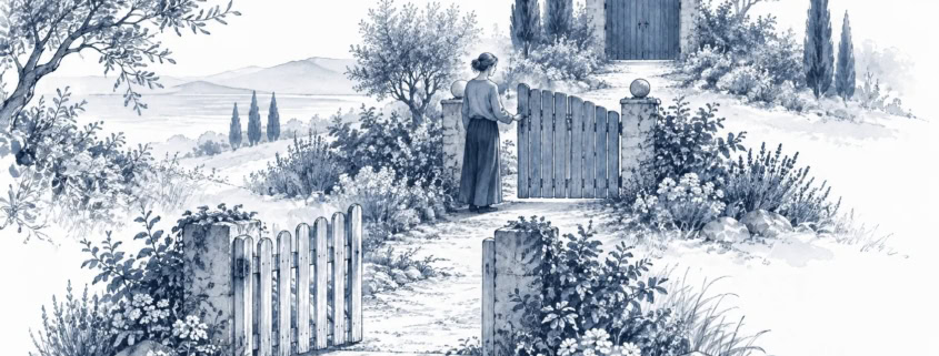 Ilustracja: ogrodowa ścieżka z trzema bramami; kobieta stoi przy drugiej z nich z dłonią na furtce