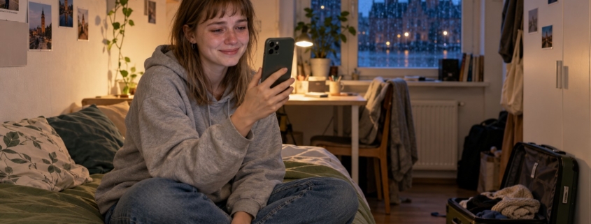 Studentka siedzi na łóżku w akademiku i z uśmiechem rozmawia przez telefon z domem