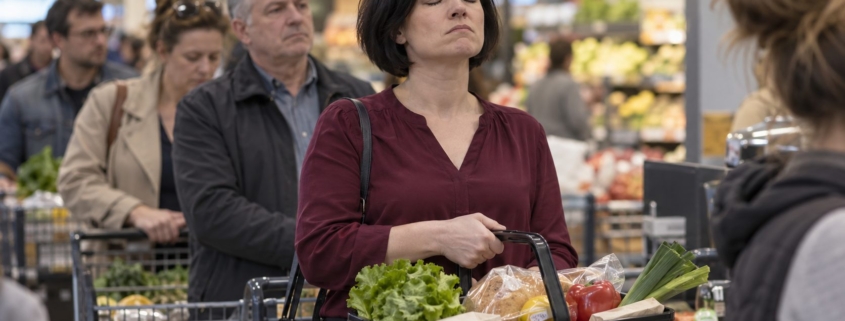 Zirytowana kobieta z pełnym koszykiem stoi w długiej kolejce do kasy w supermarkecie z zamkniętymi oczami i zaciśniętymi ustami